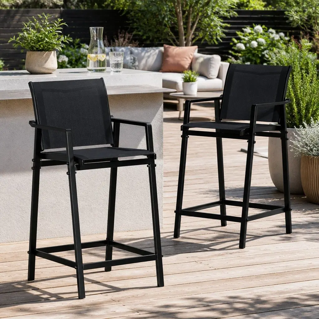 Outdoor Bar Stools Patio Dining Chairs Black Steel Frame 2 Piece Set