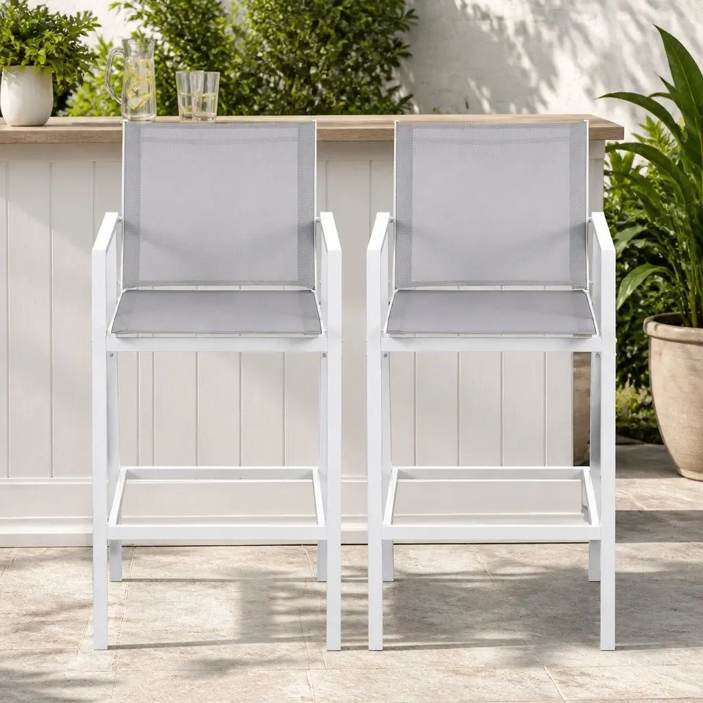 Outdoor Bar Stools Dining Chairs Patio Furniture Steel Textilene White 2 Piece