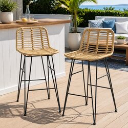 Outdoor Bar Stools Rattan Wicker Hand-woven Backrest Footrest Patio Set of 2