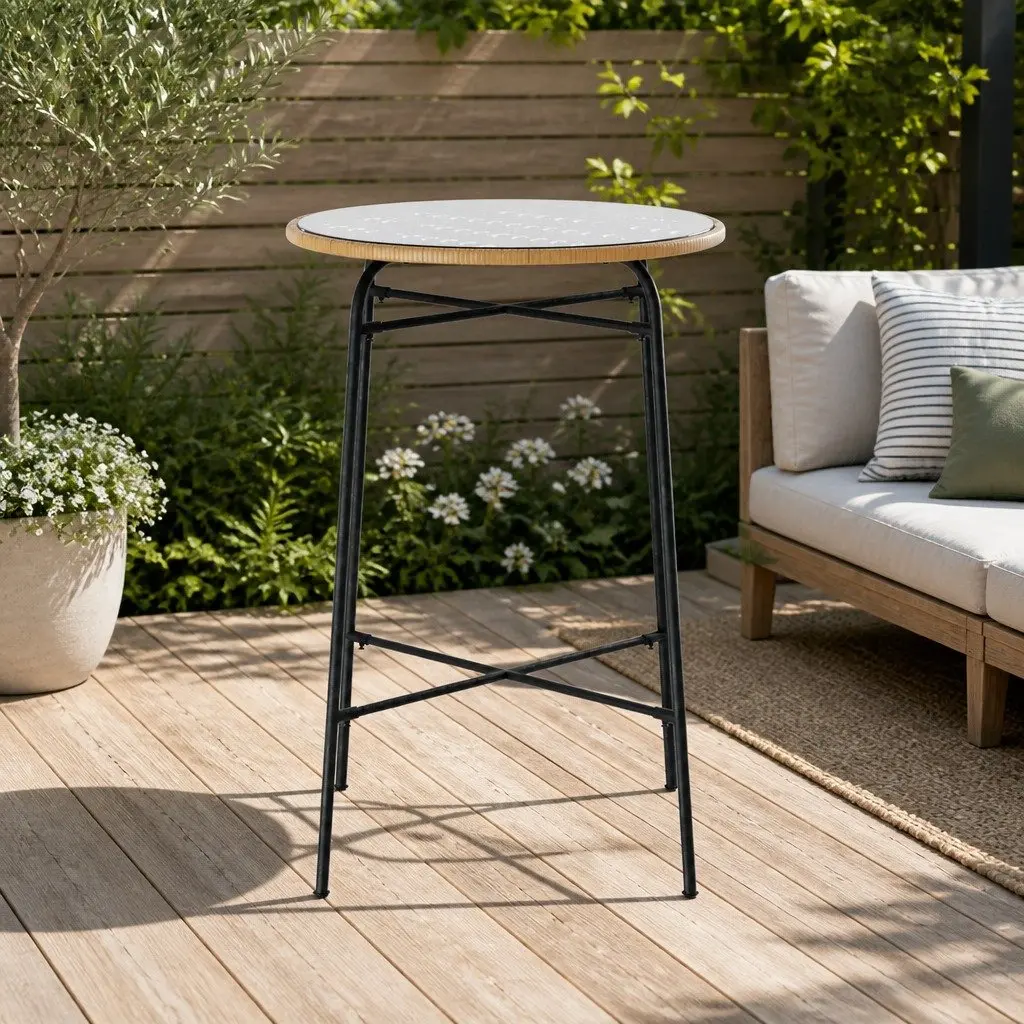 Outdoor Bar Table Wicker Dining Bistro Patio Glass 70cm Beige Black