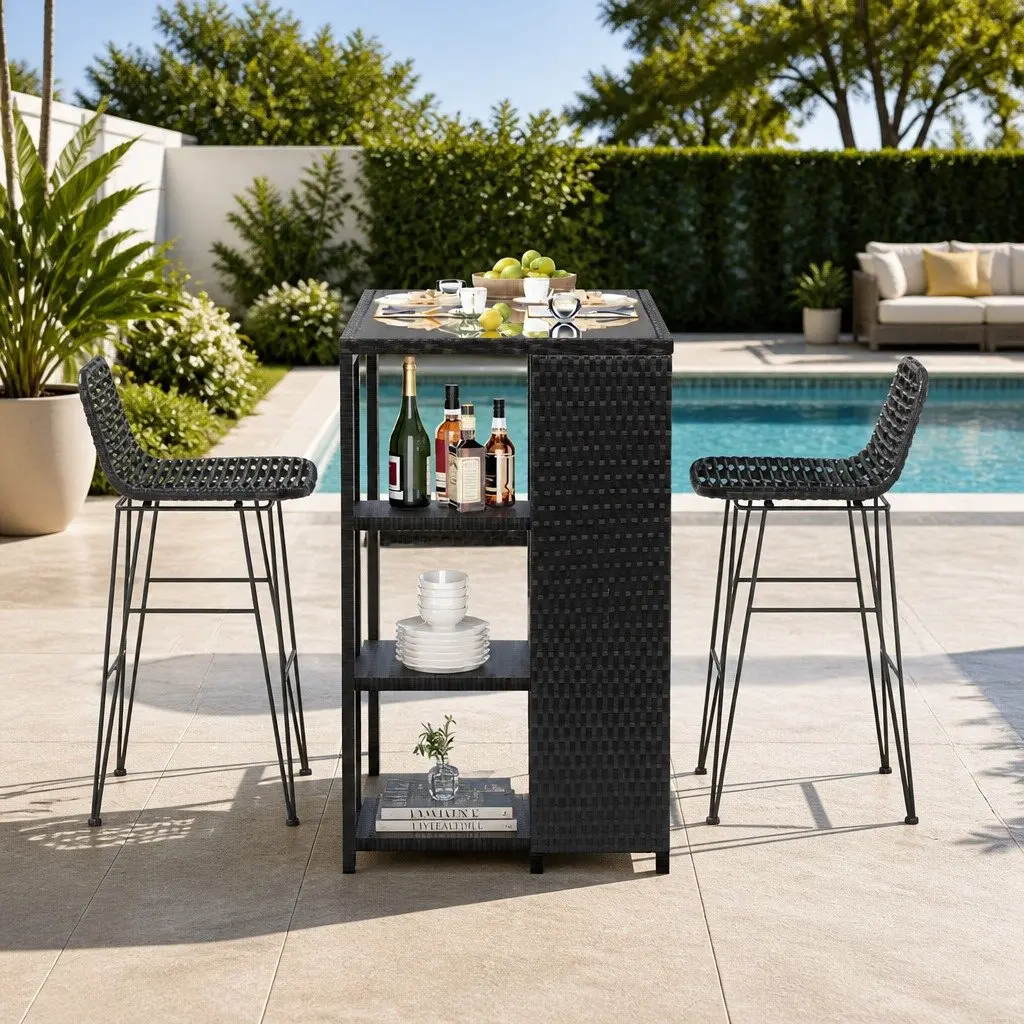Outdoor Bar Set Patio Dining Furniture Black Wicker Chairs Table