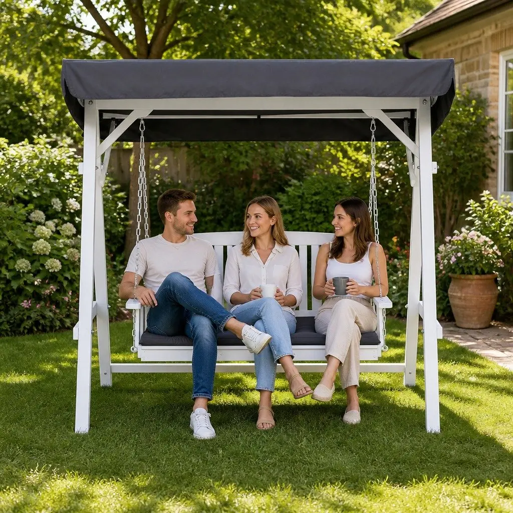 3 Seater Outdoor Swing Chair with Canopy Cushion White for Garden Patio Balcony
