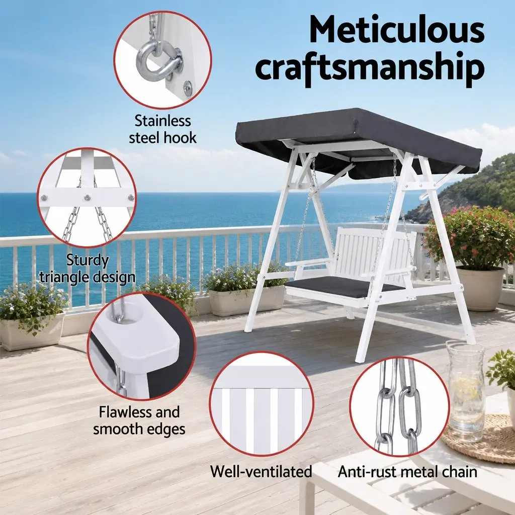 3 Seater Outdoor Swing Chair with Canopy Cushion White for Garden Patio Balcony