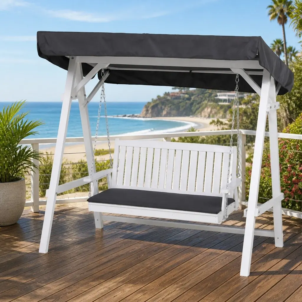 3 Seater Outdoor Swing Chair with Canopy Cushion White for Garden Patio Balcony