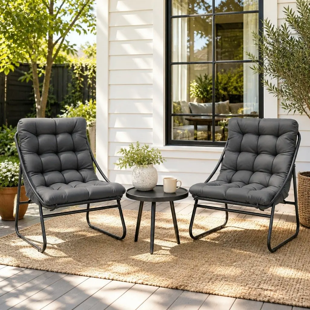 3 Piece Outdoor Bistro Dining Set Steel Frame Glass Table Patio Furniture Grey