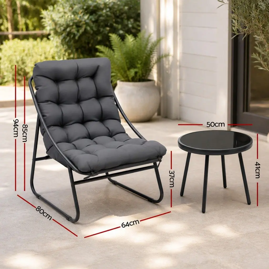 Outdoor Dining Set Bistro 3 Piece Grey Cushioned Chairs Steel Frame Glass Table
