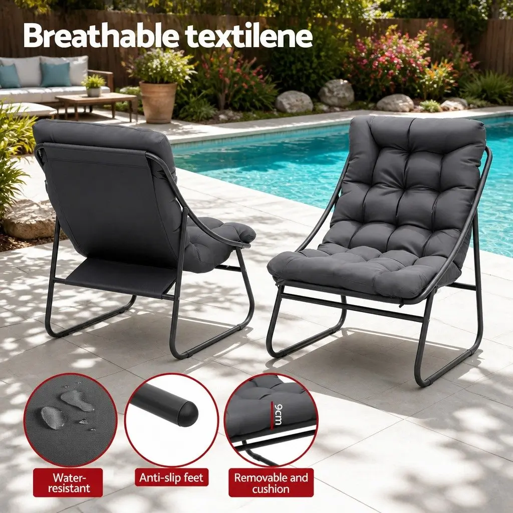 Outdoor Dining Set Bistro 3 Piece Grey Cushioned Chairs Steel Frame Glass Table