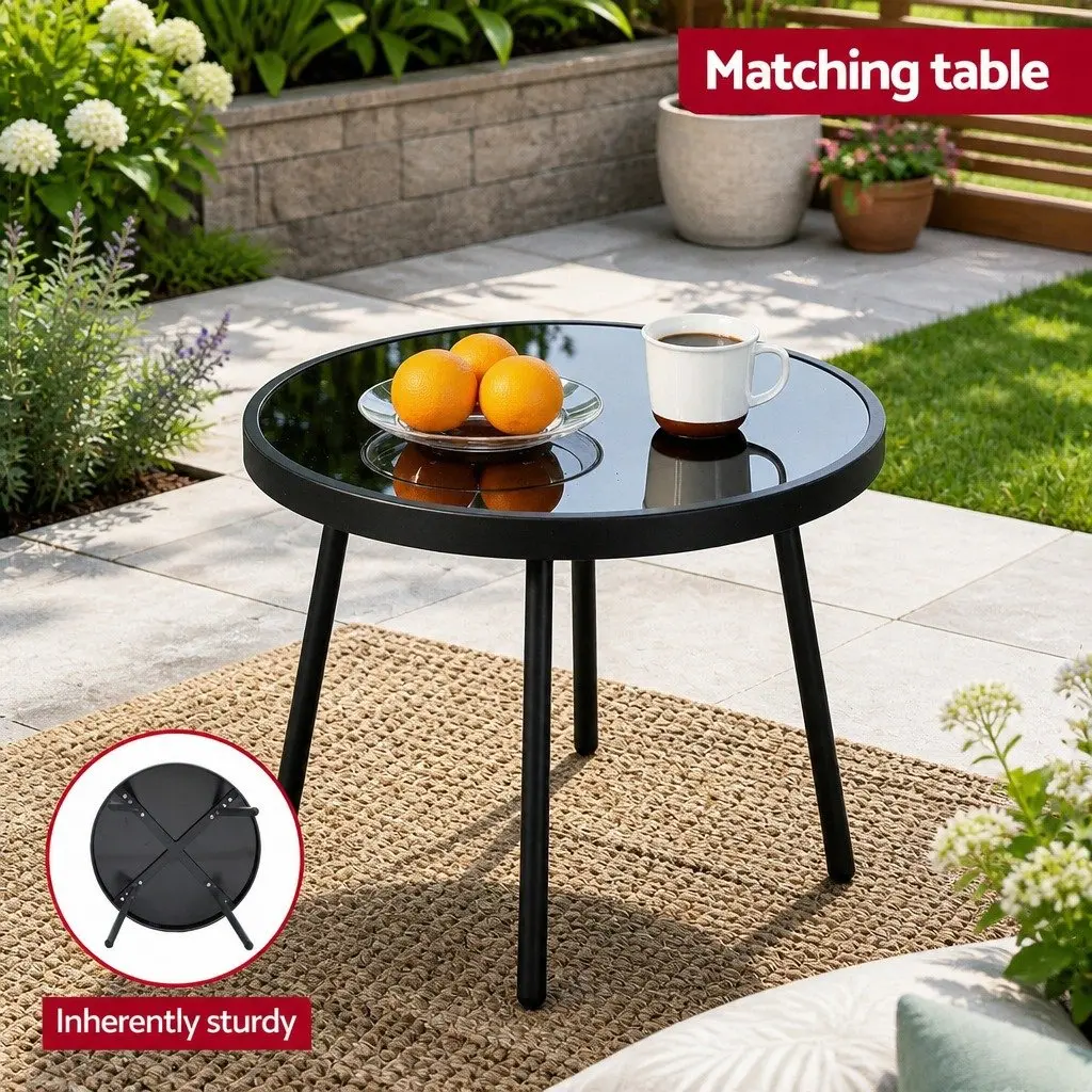 Outdoor Dining Set Bistro 3 Piece Grey Cushioned Chairs Steel Frame Glass Table