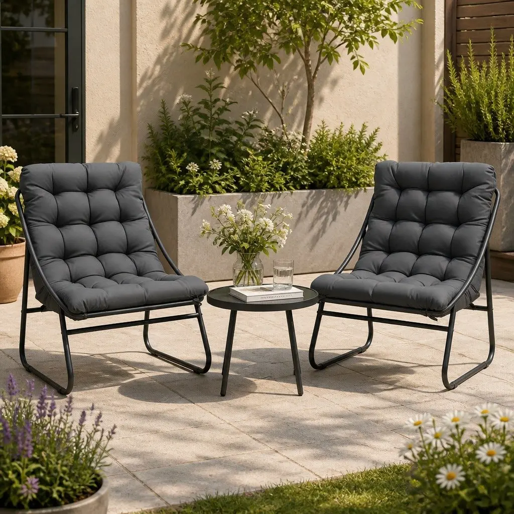 Outdoor Dining Set Bistro 3 Piece Grey Cushioned Chairs Steel Frame Glass Table