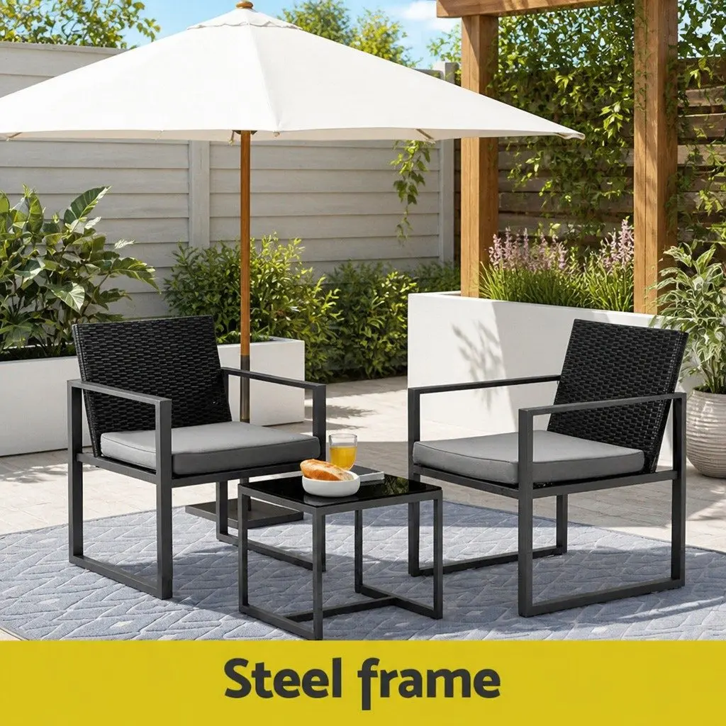 3PC Outdoor Bistro Set Dining Chairs Table Wicker Furniture Black