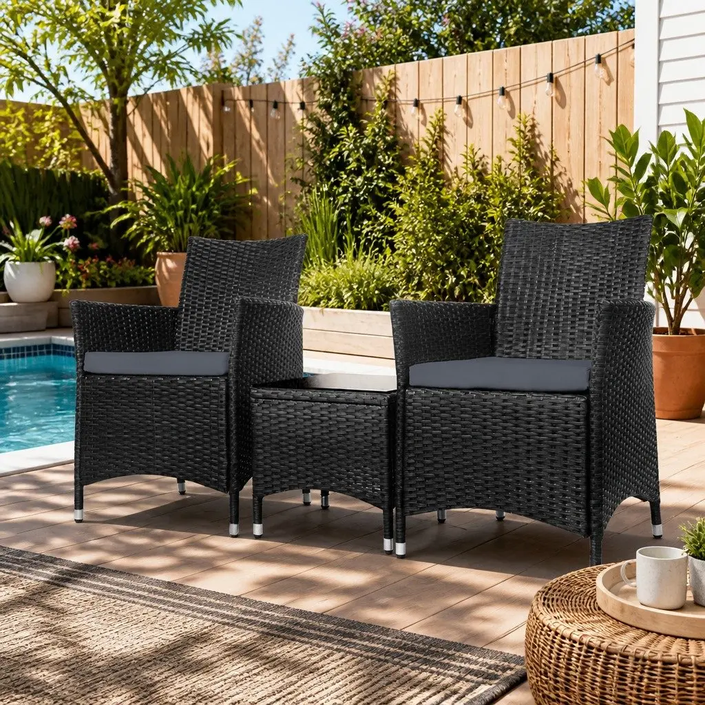 3 Piece Outdoor Bistro Set Wicker Chairs Side Table Black