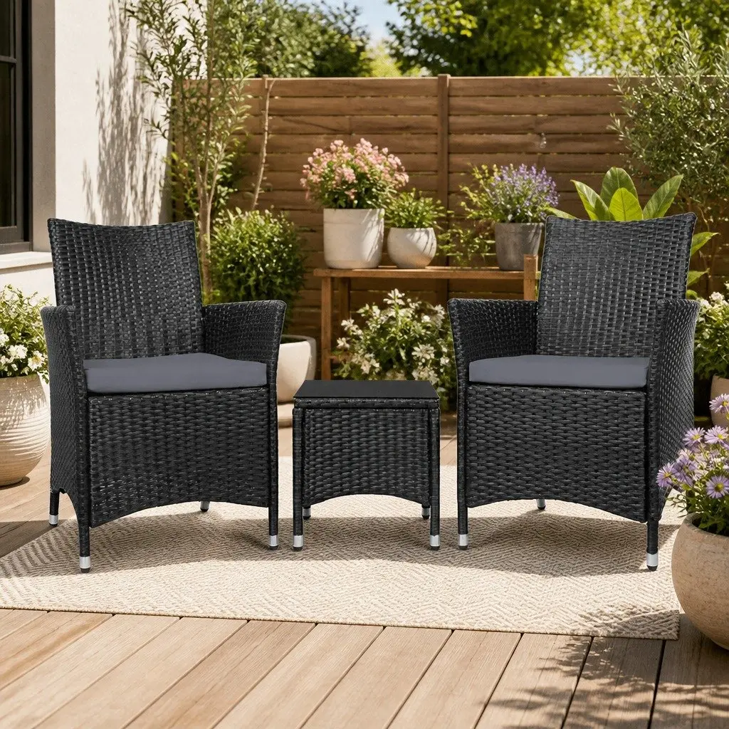 3 Piece Outdoor Bistro Set Wicker Chairs Side Table Black