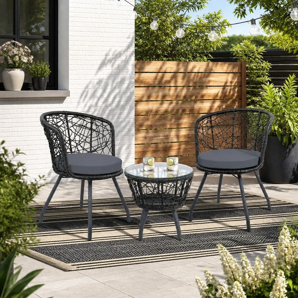 3PC Outdoor Rattan Bistro Set Round Table Chairs Patio Garden Furniture Black