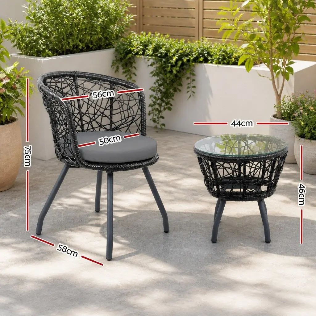 3PC Outdoor Rattan Bistro Set Round Table Chairs Patio Garden Furniture Black