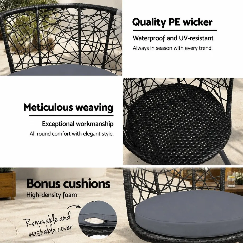 3PC Outdoor Rattan Bistro Set Round Table Chairs Patio Garden Furniture Black