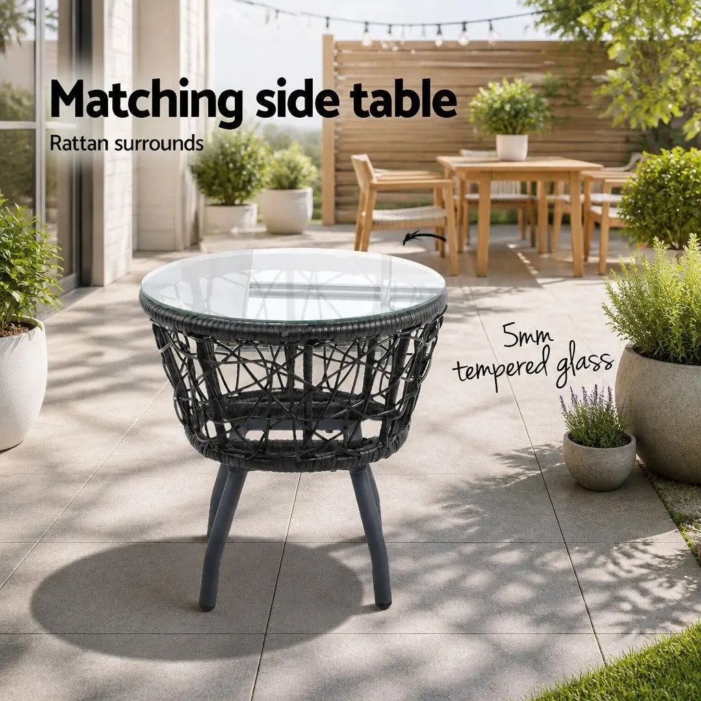 3PC Outdoor Rattan Bistro Set Round Table Chairs Patio Garden Furniture Black