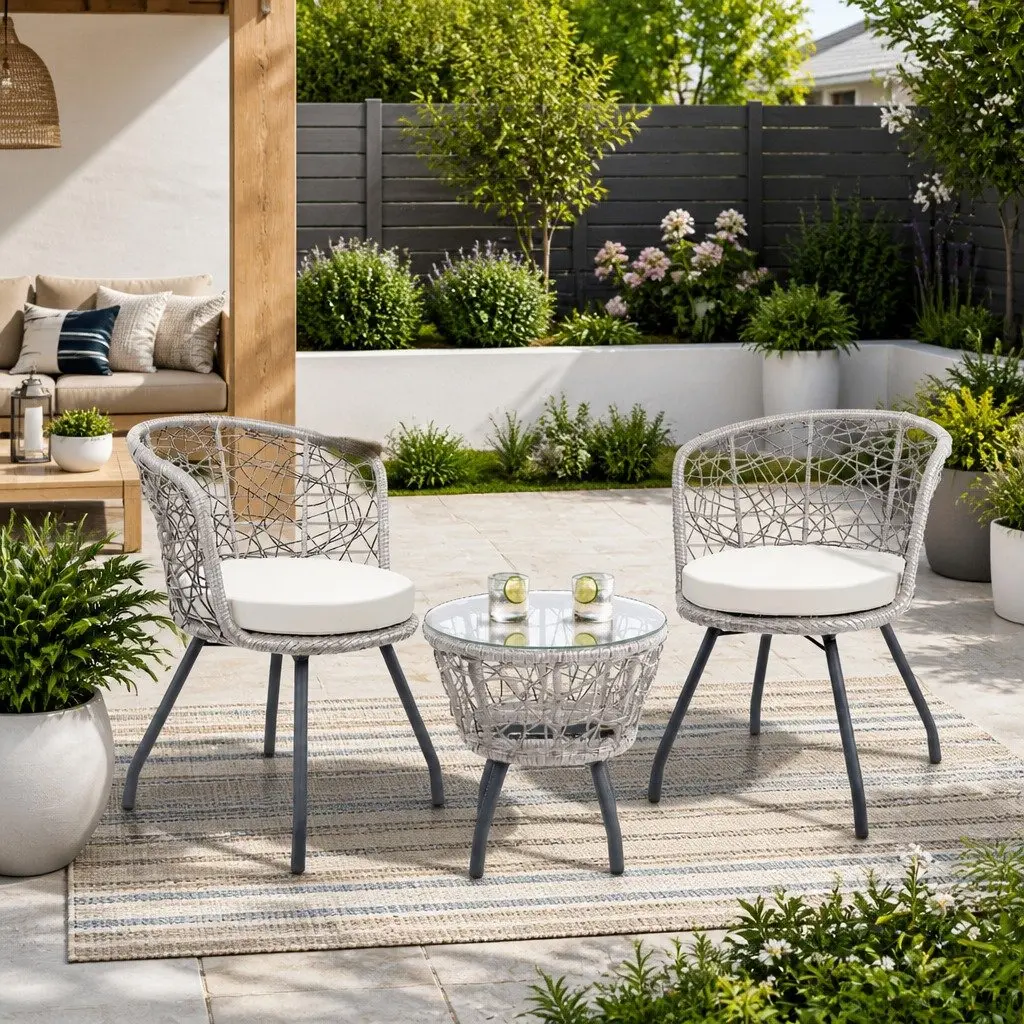 3PC Outdoor Rattan Bistro Set Round Table Chairs Patio Garden Furniture Grey