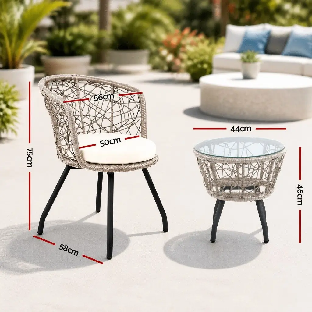 3PC Outdoor Rattan Bistro Set Round Table Chairs Patio Garden Furniture Grey