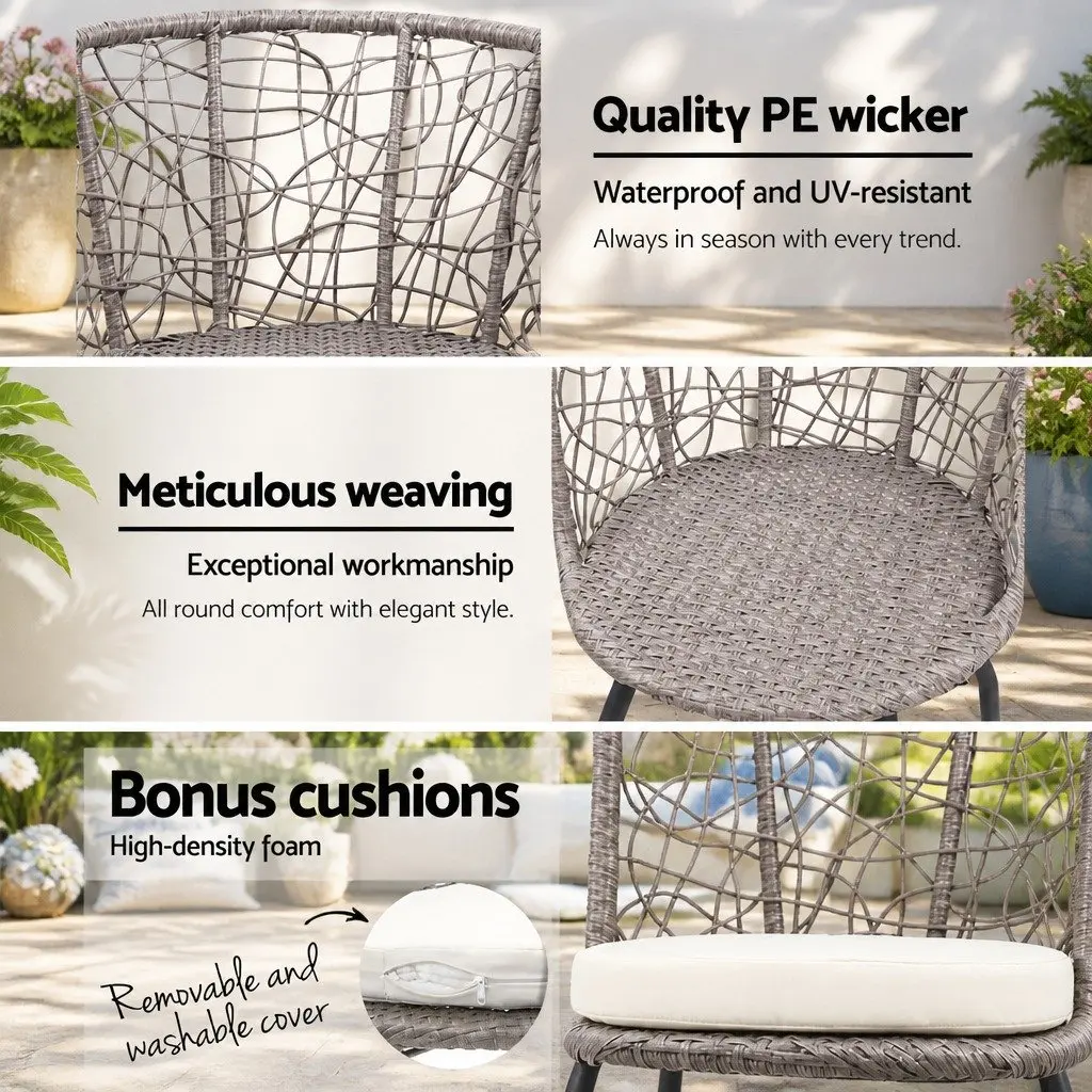 3PC Outdoor Rattan Bistro Set Round Table Chairs Patio Garden Furniture Grey