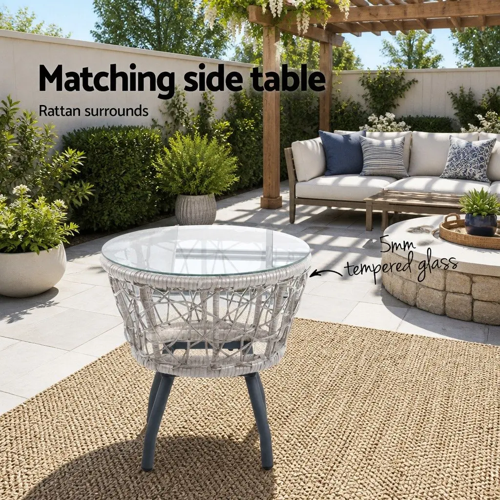 3PC Outdoor Rattan Bistro Set Round Table Chairs Patio Garden Furniture Grey