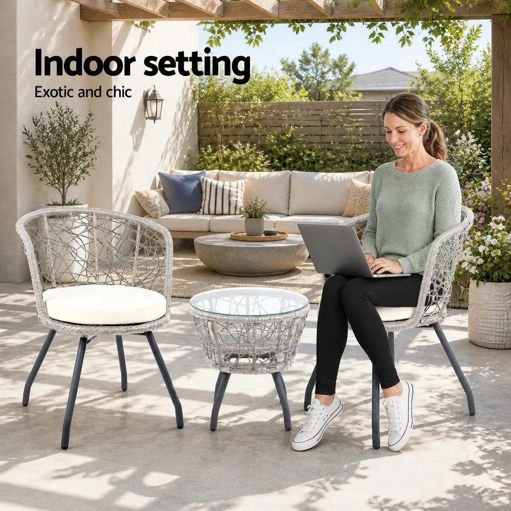 3PC Outdoor Rattan Bistro Set Round Table Chairs Patio Garden Furniture Grey