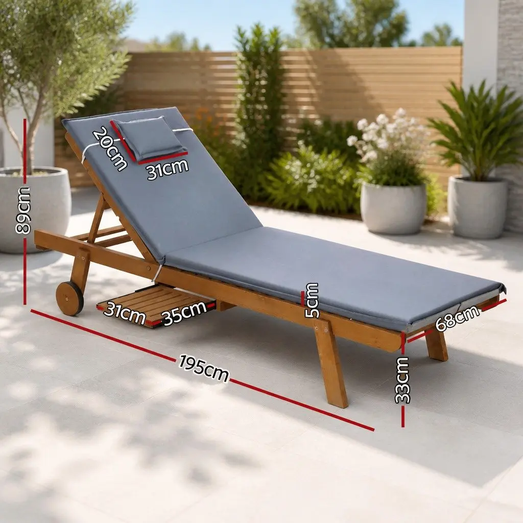 Outdoor Sun Lounger Adjustable Backrest 195cm Natural Wood Grey Cushion Set of 2