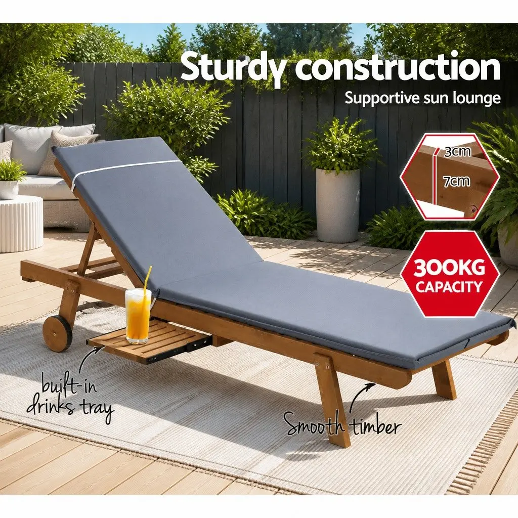 Outdoor Sun Lounger Adjustable Backrest 195cm Natural Wood Grey Cushion Set of 2