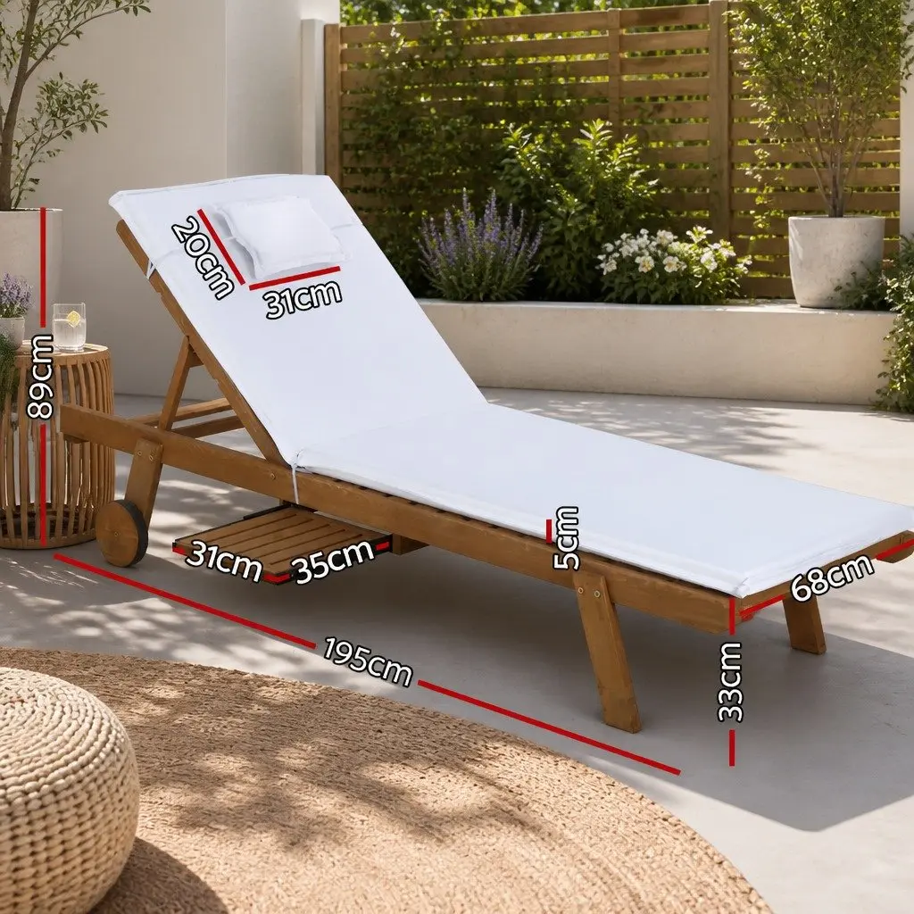Wooden Sun Lounger Outdoor Day Bed Adjustable Backrest 195cm Natural Wood White