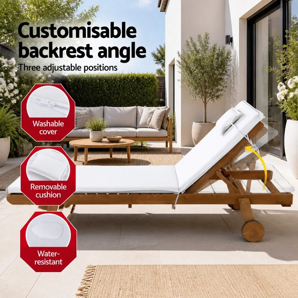 Wooden Sun Lounger Outdoor Day Bed Adjustable Backrest 195cm Natural Wood White