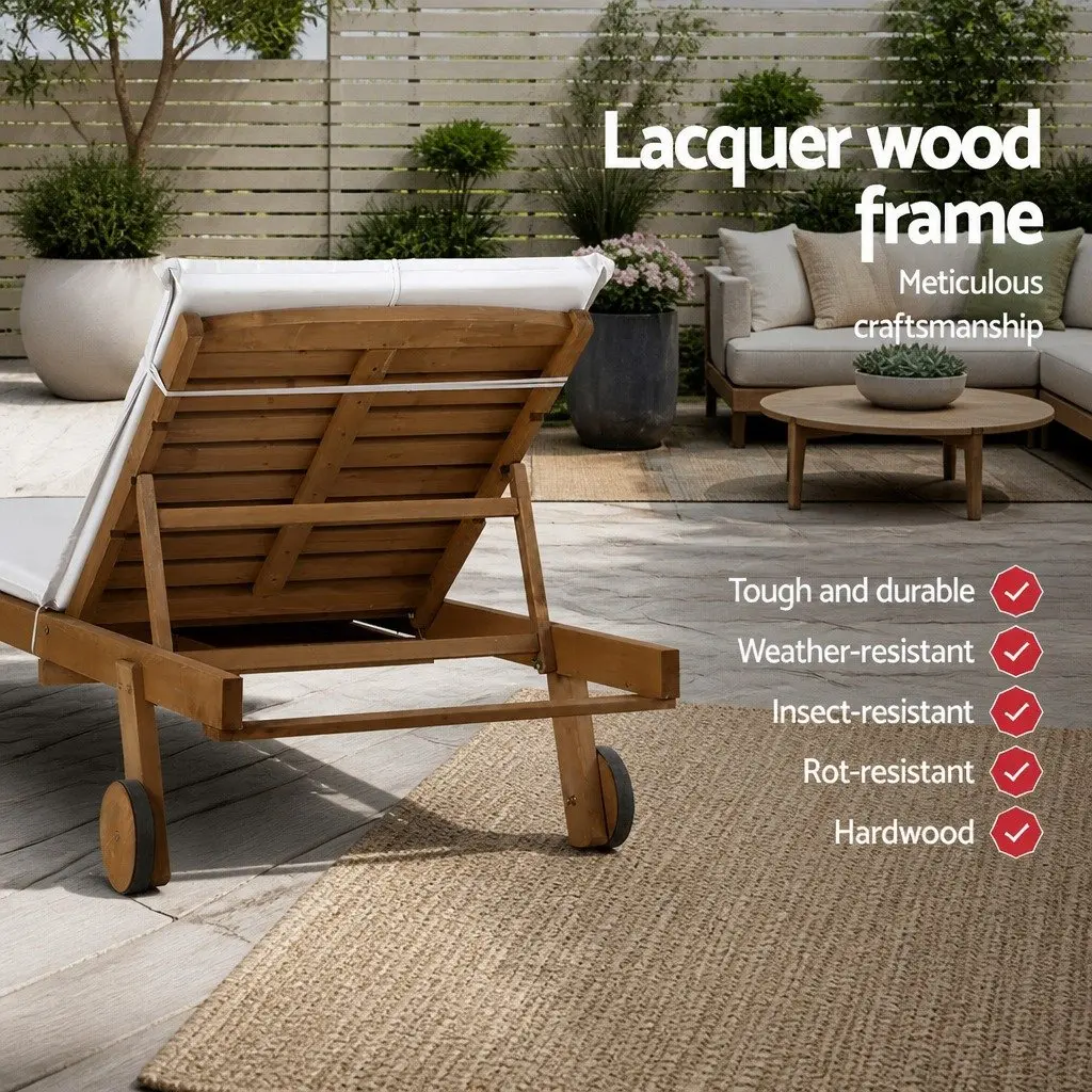 Wooden Sun Lounger Outdoor Day Bed Adjustable Backrest 195cm Natural Wood White