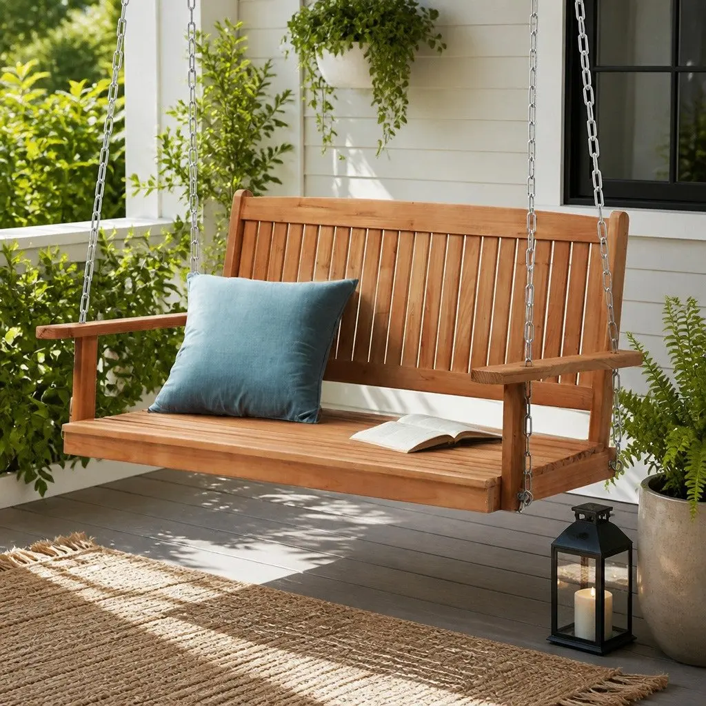 2 Seater Porch Swing Chair with Chains Outdoor Garden Wooden Bench Furniture