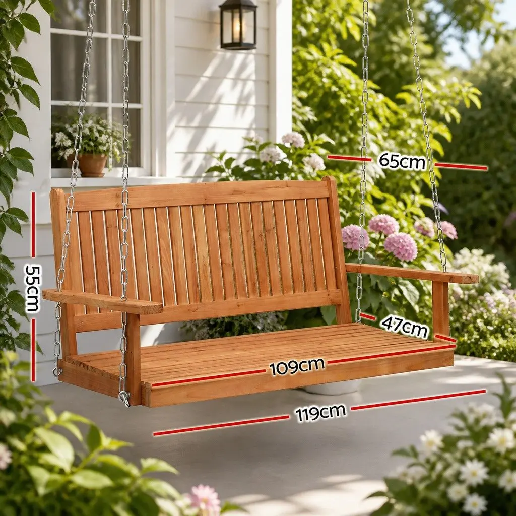 2 Seater Porch Swing Chair with Chains Outdoor Garden Wooden Bench Furniture