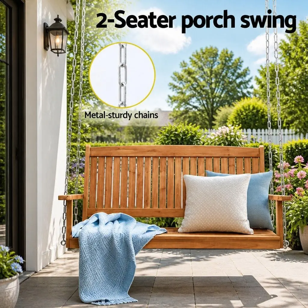 2 Seater Porch Swing Chair with Chains Outdoor Garden Wooden Bench Furniture