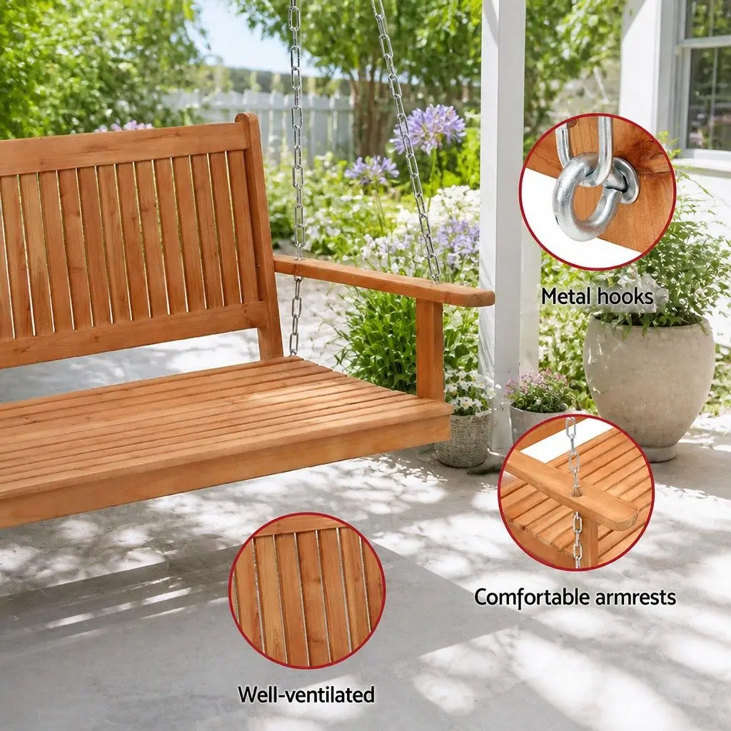 2 Seater Porch Swing Chair with Chains Outdoor Garden Wooden Bench Furniture