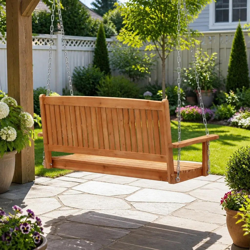 2 Seater Porch Swing Chair with Chains Outdoor Garden Wooden Bench Furniture