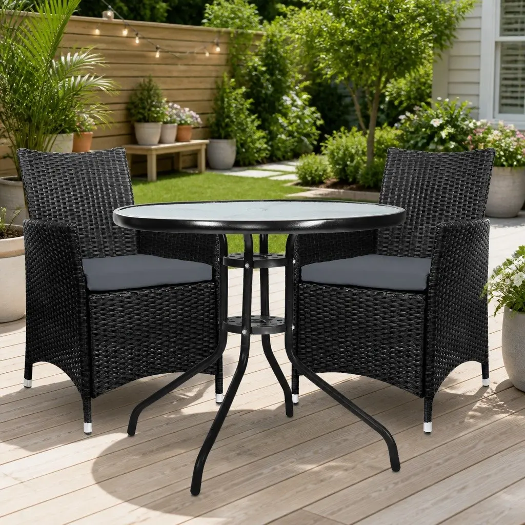 3PC Bistro Set Outdoor Furniture Glass Table Wicker Chairs Cushion Patio Garden
