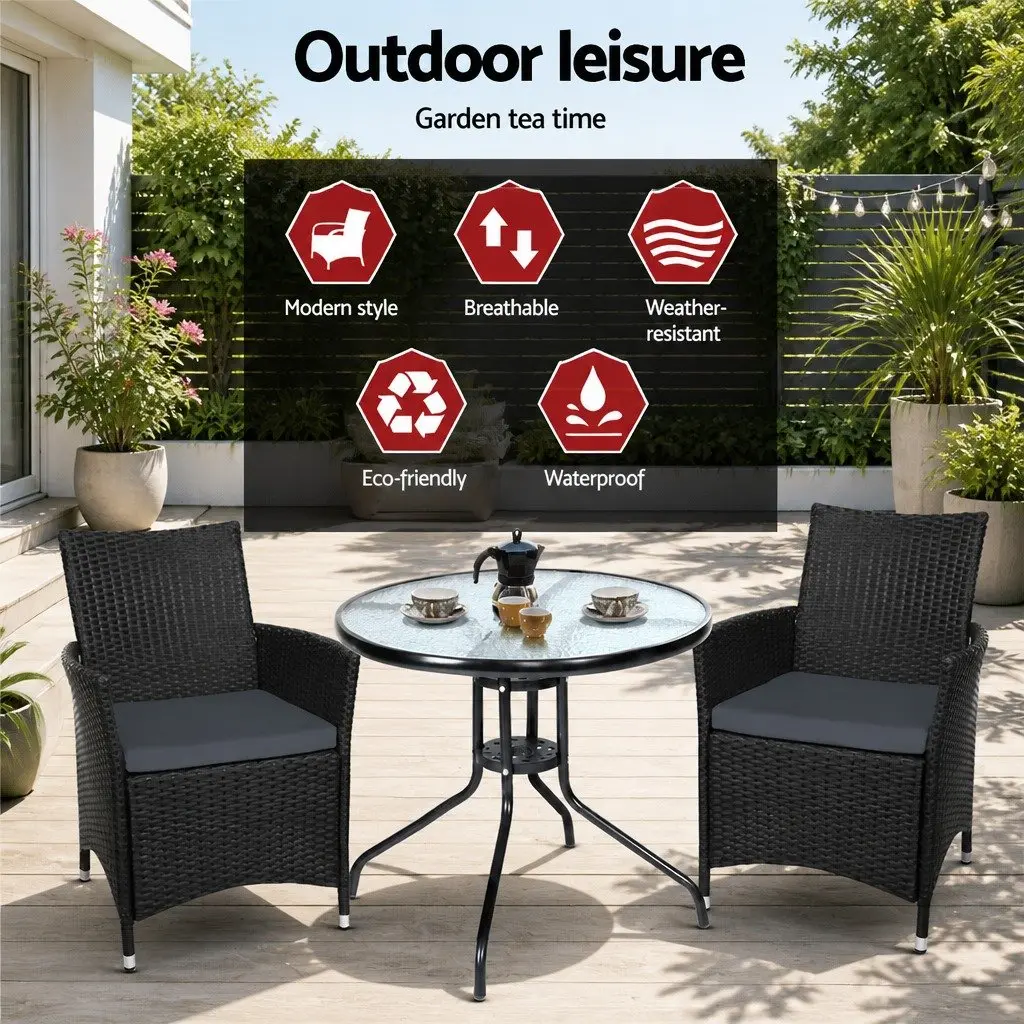 3PC Bistro Set Outdoor Furniture Glass Table Wicker Chairs Cushion Patio Garden