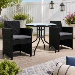 3PC Outdoor Bistro Set Black Rattan Chairs Glass Table Patio Garden Furniture