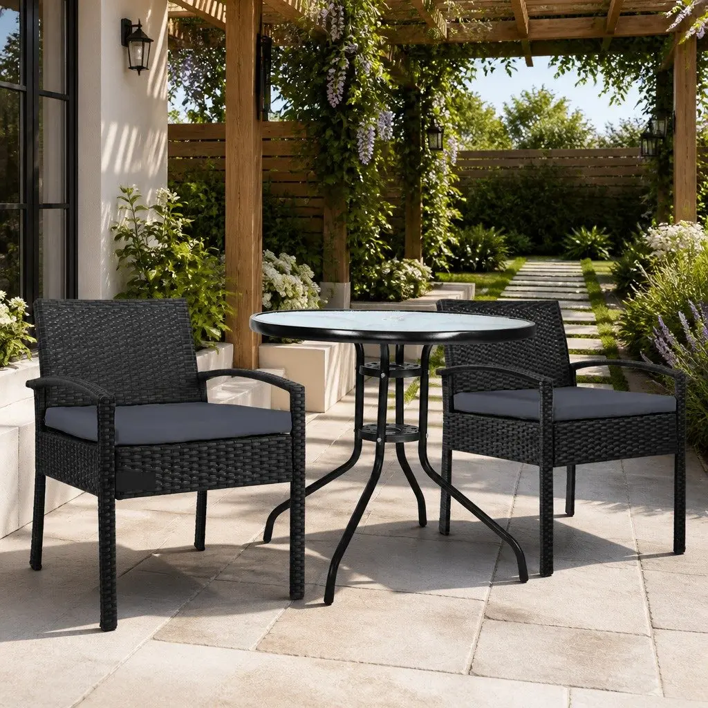 3-Piece Bistro Set Outdoor Furniture Rattan Chairs Glass Table Cushion Patio