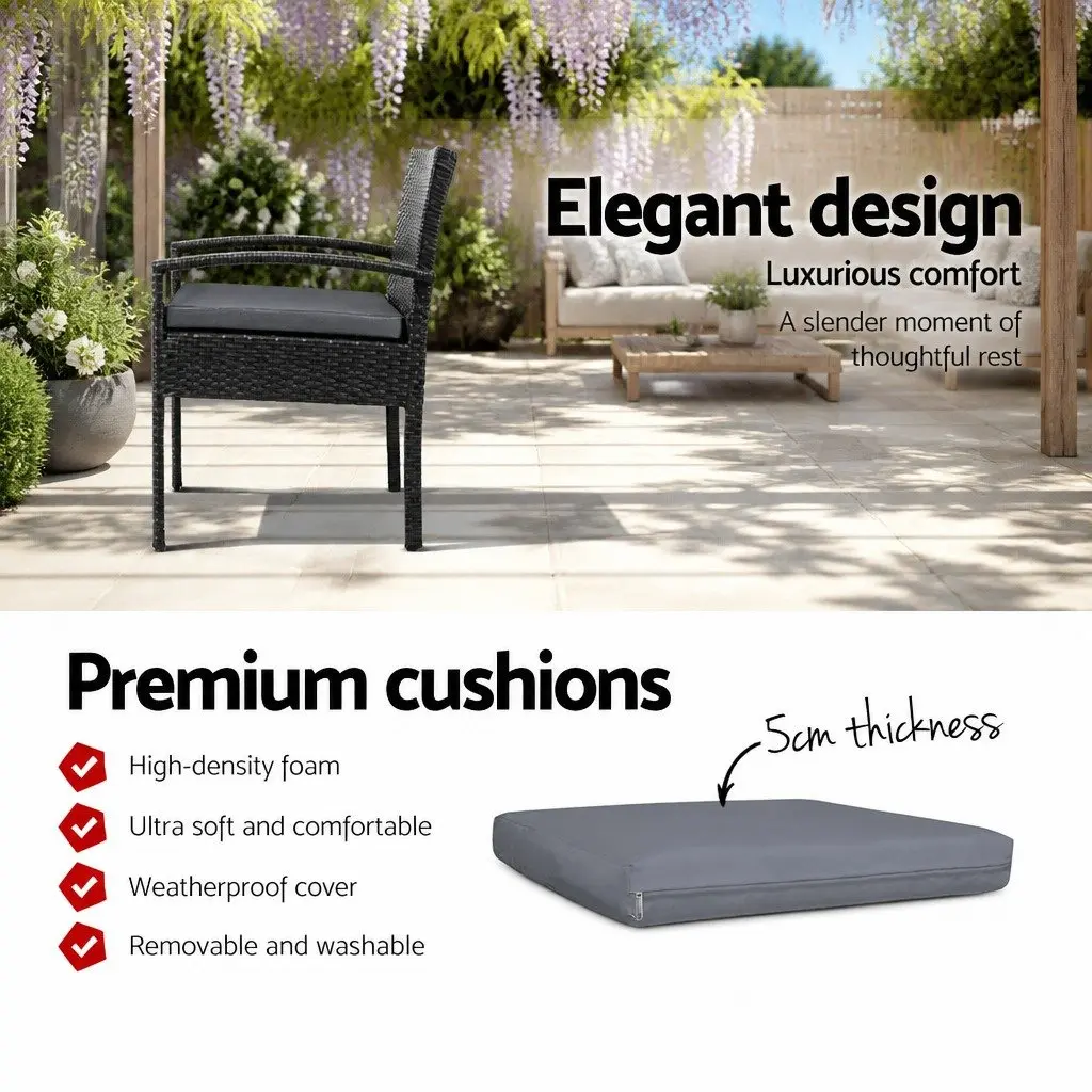 3-Piece Bistro Set Outdoor Furniture Rattan Chairs Glass Table Cushion Patio