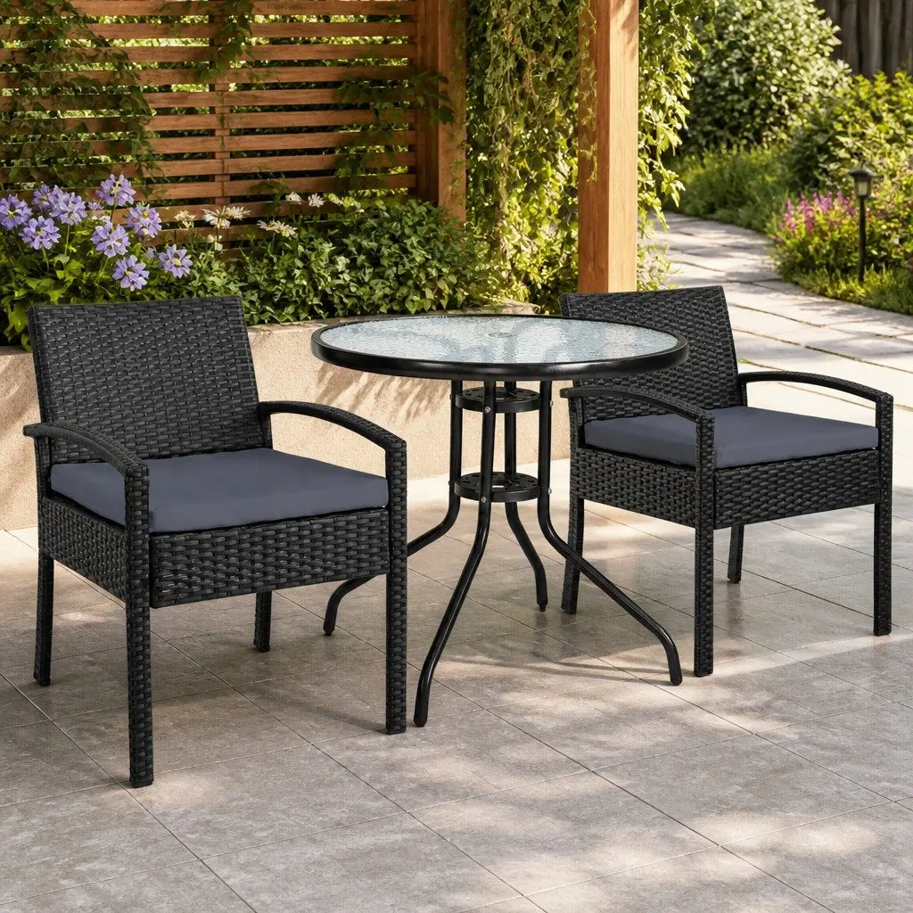 3-Piece Bistro Set Outdoor Furniture Rattan Chairs Glass Table Cushion Patio