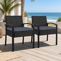 2PC Outdoor Dining Chairs Patio Furniture Rattan Lounge Chair with Cushion Black