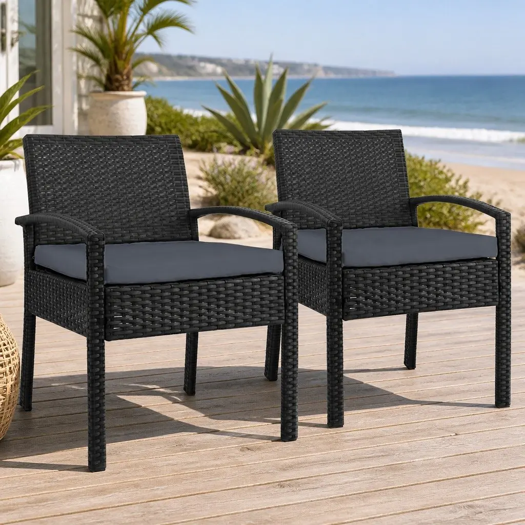 2PC Outdoor Dining Chairs Patio Furniture Rattan Lounge Chair with Cushion Black