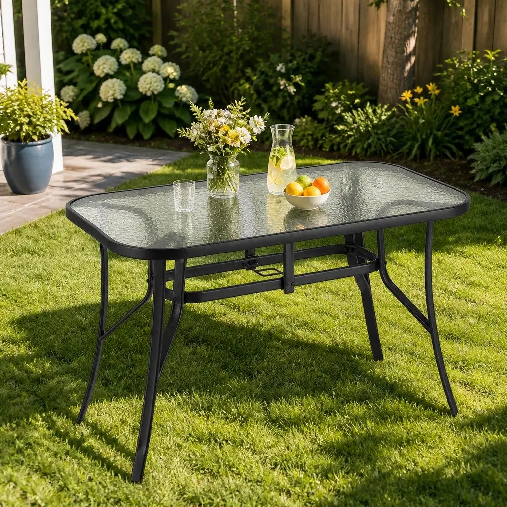 Outdoor Dining Table 120cm Steel Frame Tempered Glass Black