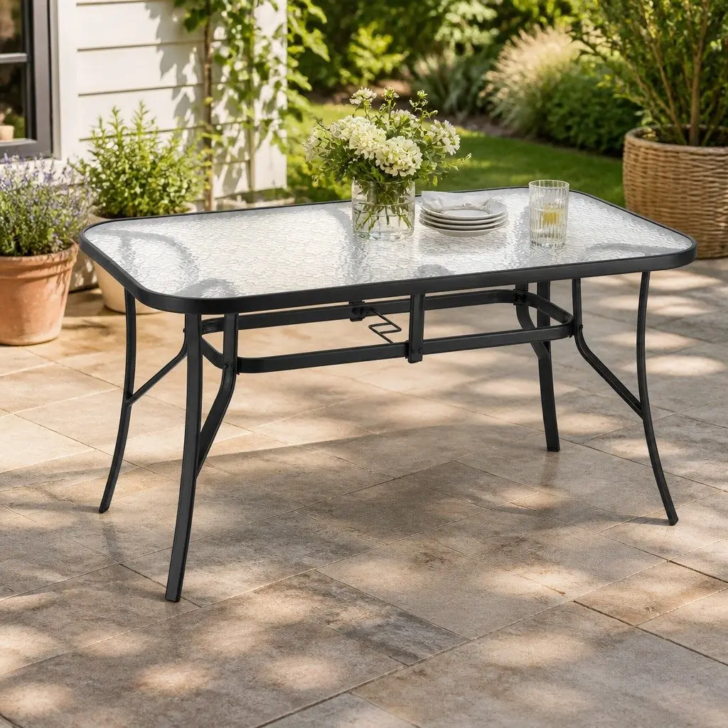 Outdoor Dining Table 140cm Black Steel Frame Tempered Glass Parasol Hole
