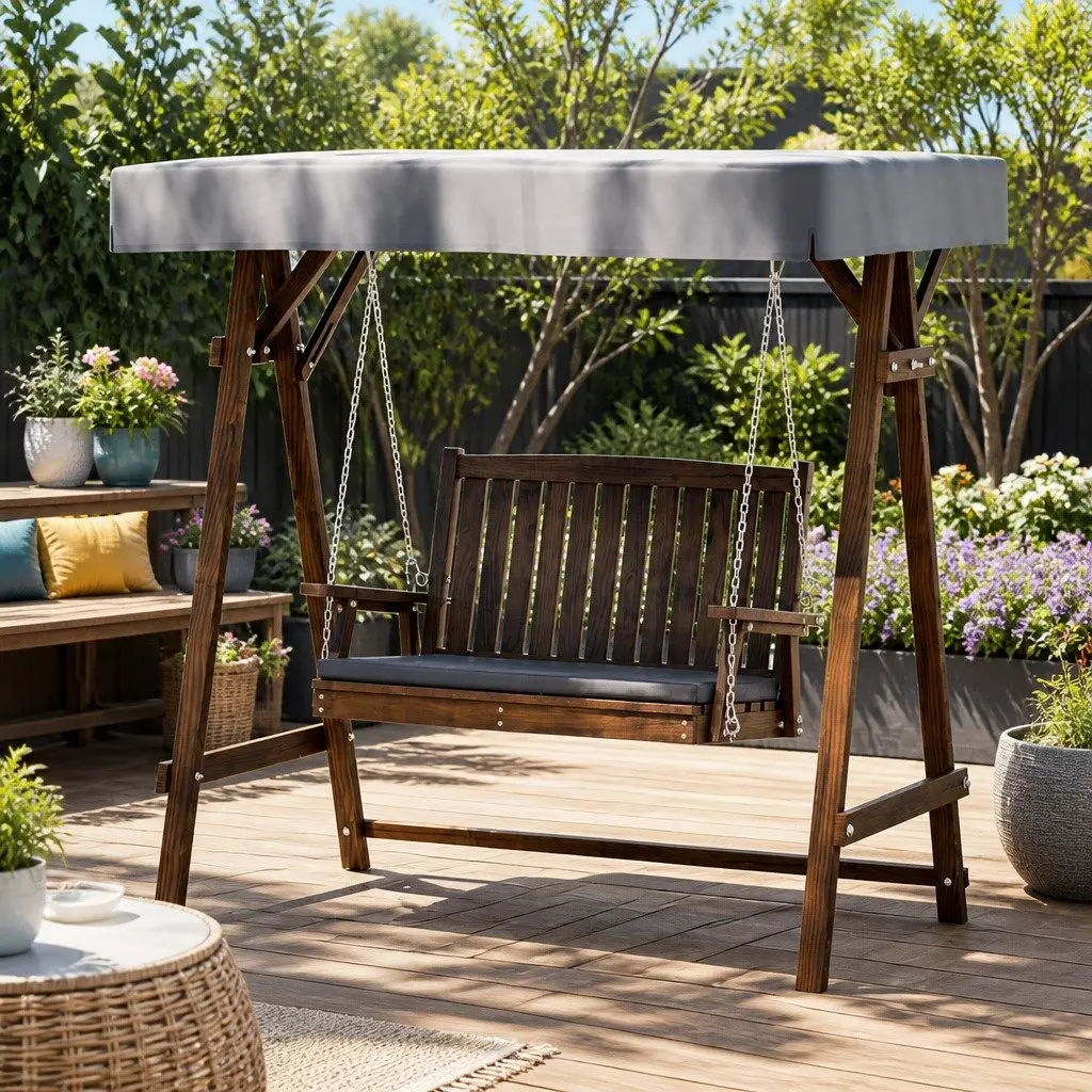 Outdoor Swing Chair 2 Seater Garden Bench with Canopy Cushion Charcoal