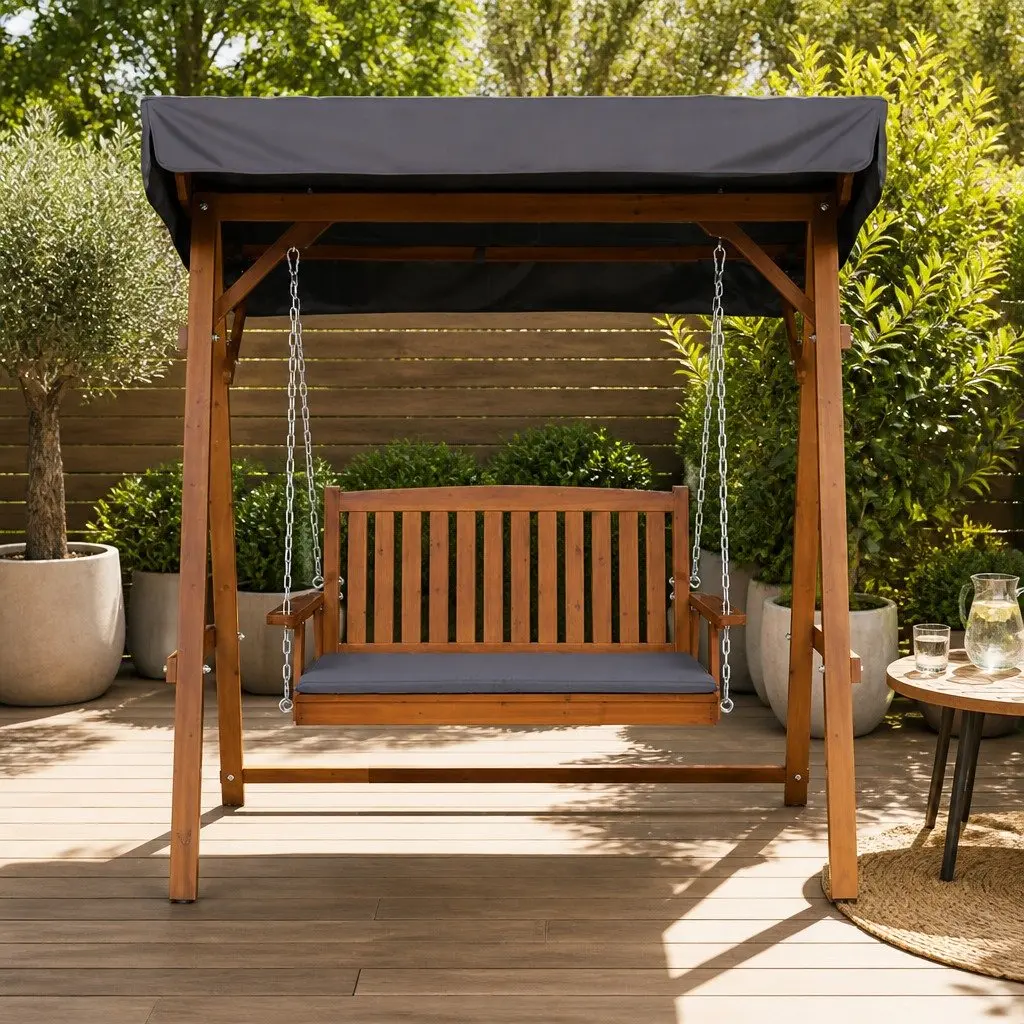 Swing Chair Outdoor Furniture 2 Seater Adjustable Canopy Teak