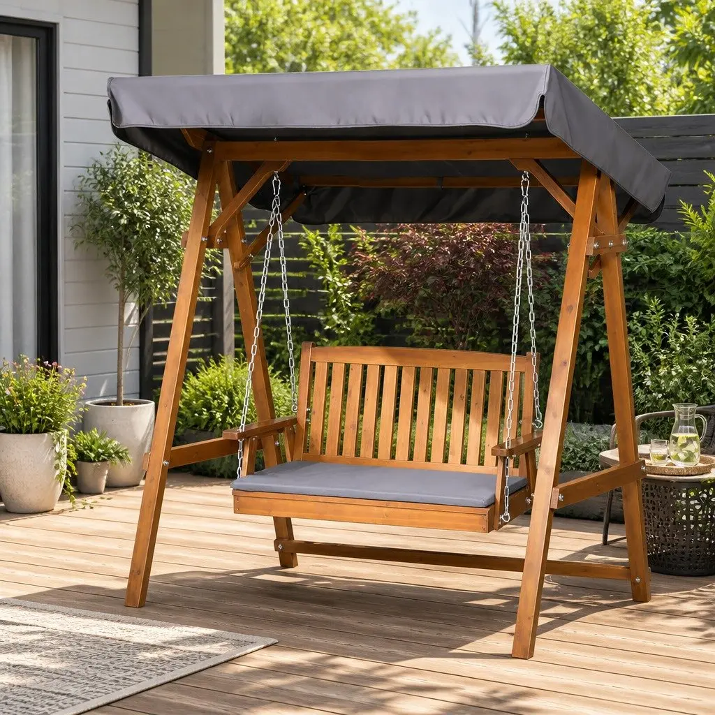 Swing Chair Outdoor Furniture 2 Seater Adjustable Canopy Teak