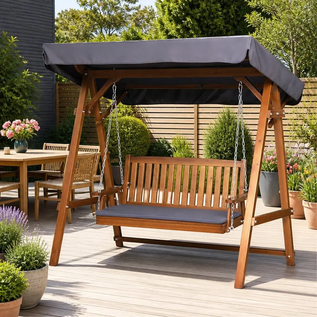 3 Seater Garden Swing Chair Outdoor Use Adjustable Canopy Teak Wood