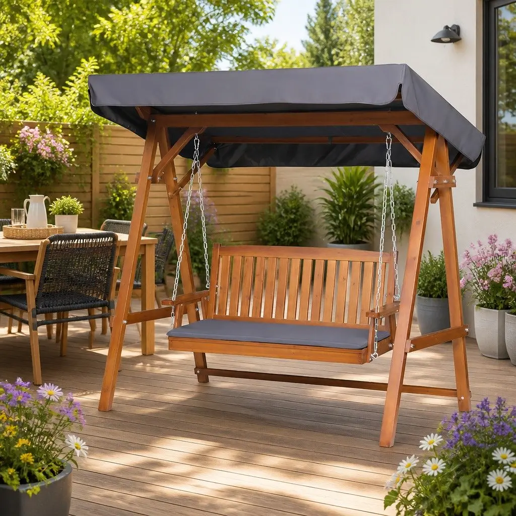 3 Seater Garden Swing Chair Outdoor Use Adjustable Canopy Teak Wood